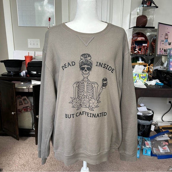 "Dead Inside But Caffeinated" Light Green Skeleton Graphic Sweater Size XL - Picture 5 of 9